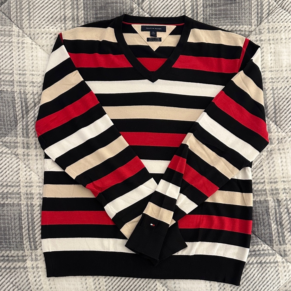 Striped V-Neck Sweater - Red, Black, White, Tan